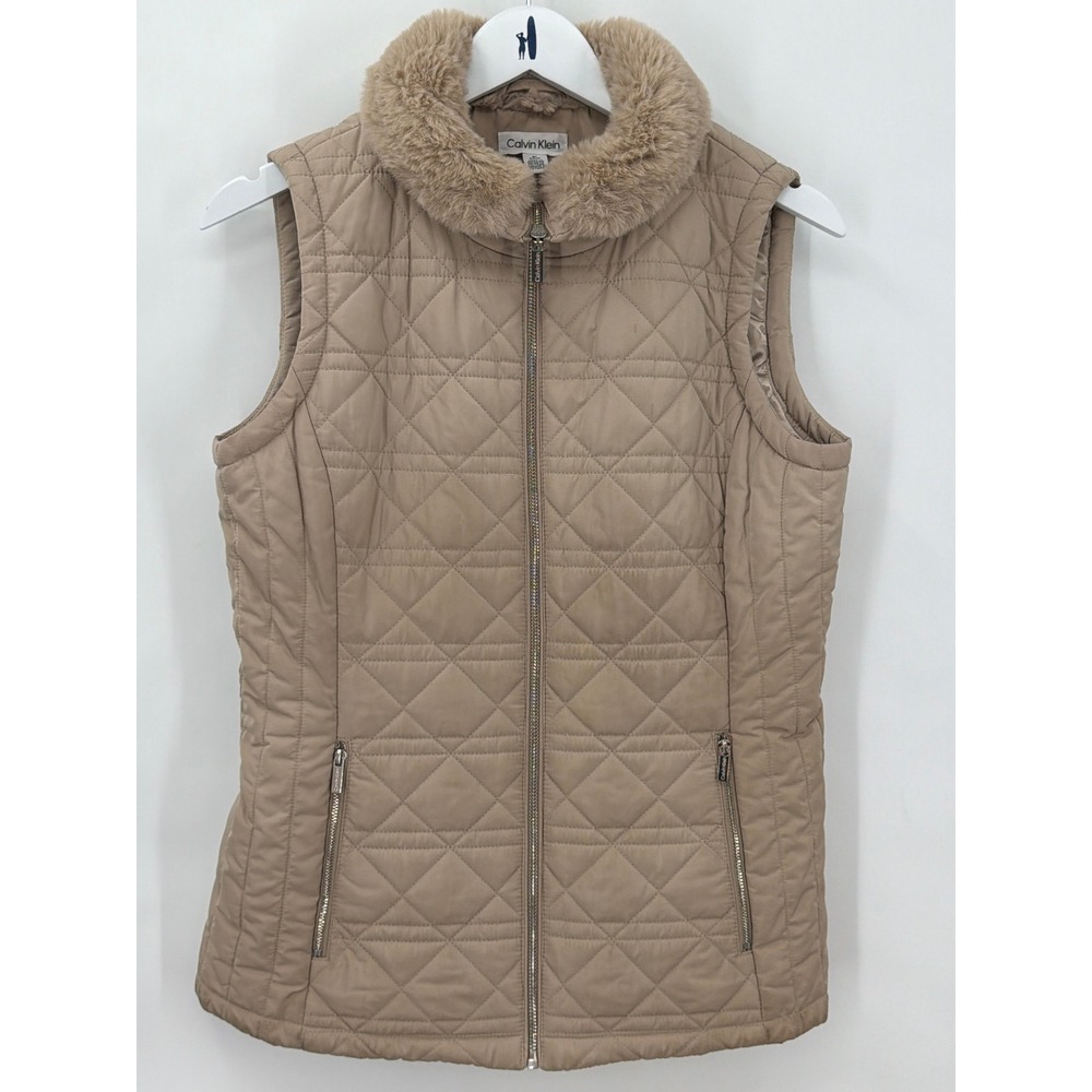 Calvin Klein Womens Quilted Vest Faux Fur Collar Beige Tan Full Zip Size S